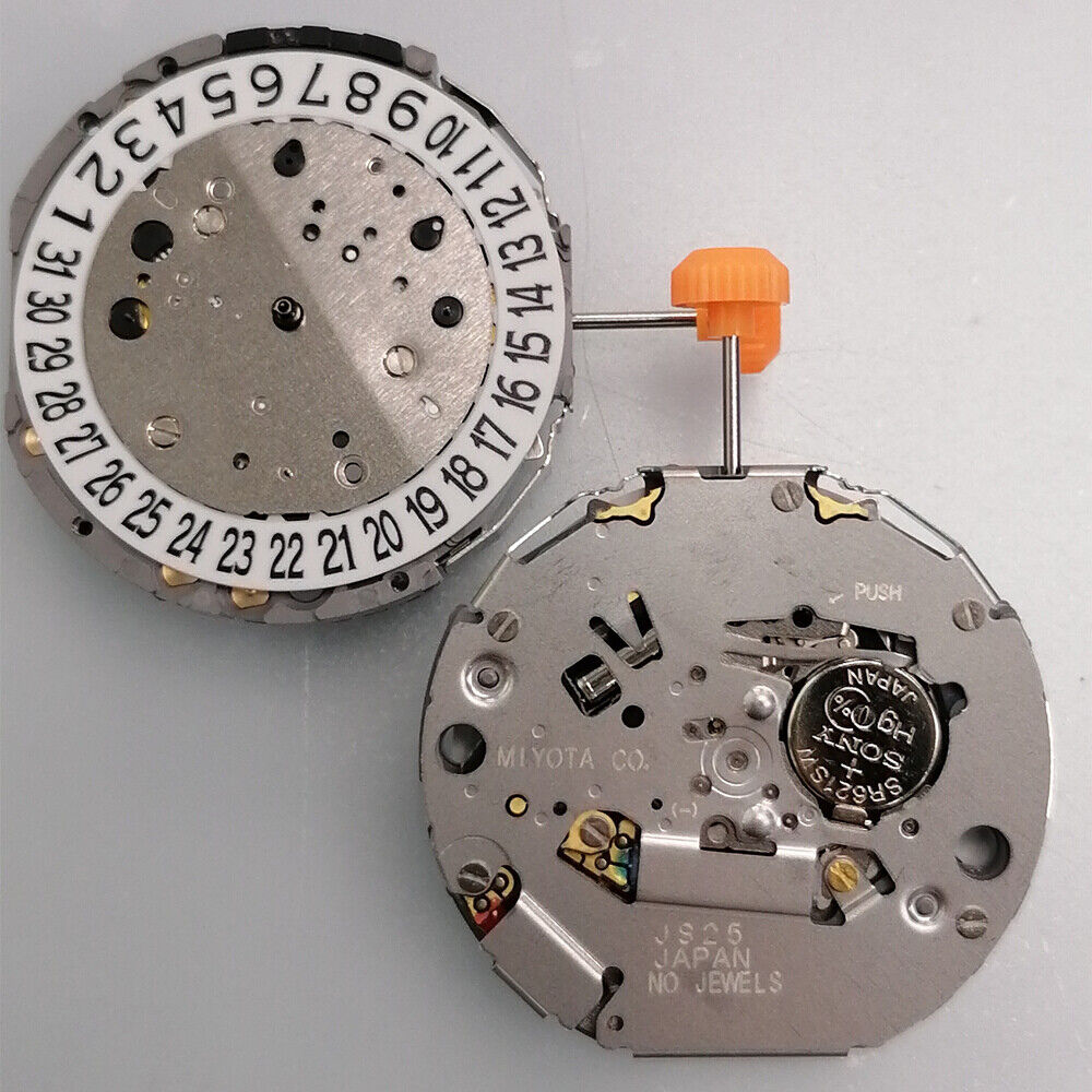 Miyota JS25 Japan quartz watch movement with small seconds at 3, 6, 9 and date window at 6.
