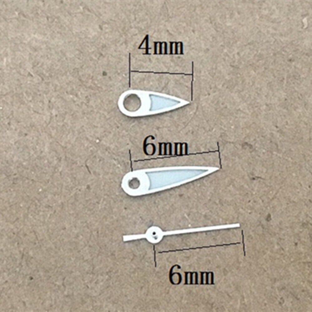 6mm silver-trimmed green lume drop shape watch hands for Miyota 1L12 movement.