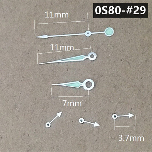 Aiguilles de montre vertes lumineuses avec garniture argentée pointue de 11 mm pour mouvement Miyota 0S80