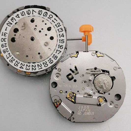 Miyota JS05 quartz watch movement with small seconds at 2, 6, and 10 o'clock, date at 4, Japan made