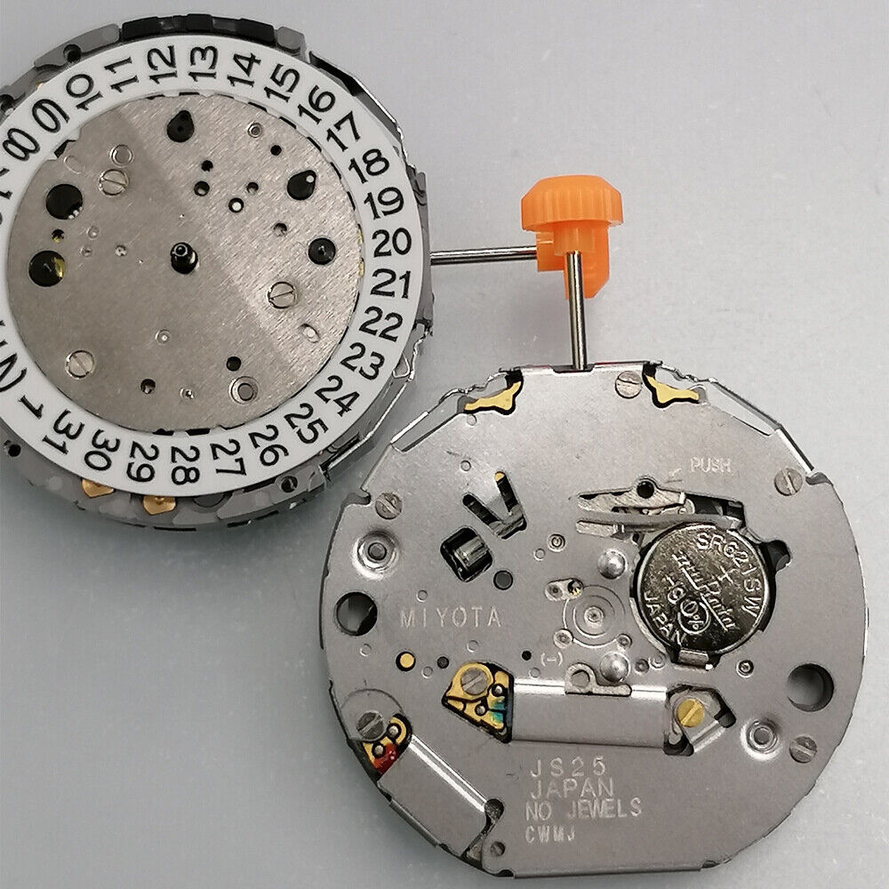 Miyota JS25 Japan Quartz watch movement with small second subdials at 3, 6, 9 and date window at 3.