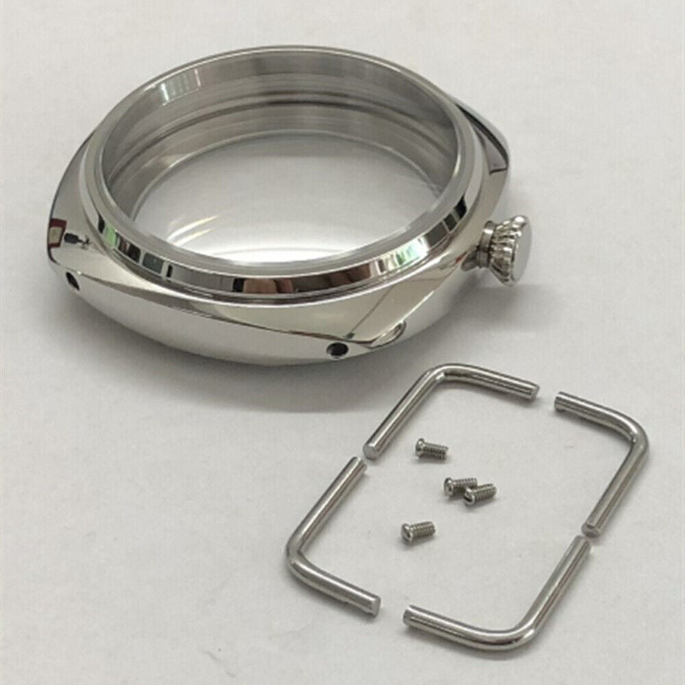 Seagull 45mm silver 316L watch case for ST3600/ST3621 and ETA6497/6498 movements, durable design.