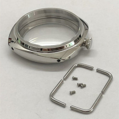Seagull 45mm silver 316L watch case for ST3600/ST3621 and ETA6497/6498 movements, durable design.