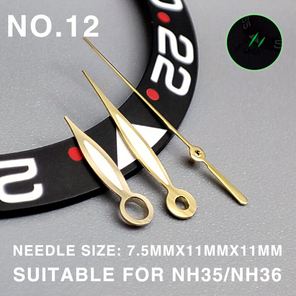 Green lume golden trim fusiform watch hands designed for Miyota NH35/NH36/NH38 movements, enhancing readability and style.