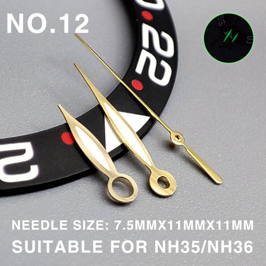 Green lume golden trim fusiform watch hands designed for Miyota NH35/NH36/NH38 movements, enhancing readability and style.