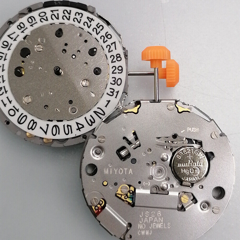 Miyota JS26 Japan Quartz watch movement with small second hands at 3, 6, 9 and date display at 3.