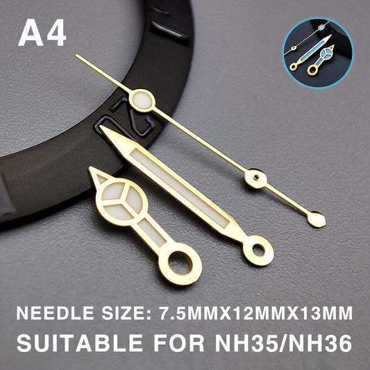 Blue luminous watch hands with golden trim, 13mm, compatible with Miyota NH35/NH36/NH38 movements, enhancing readability in low light.
