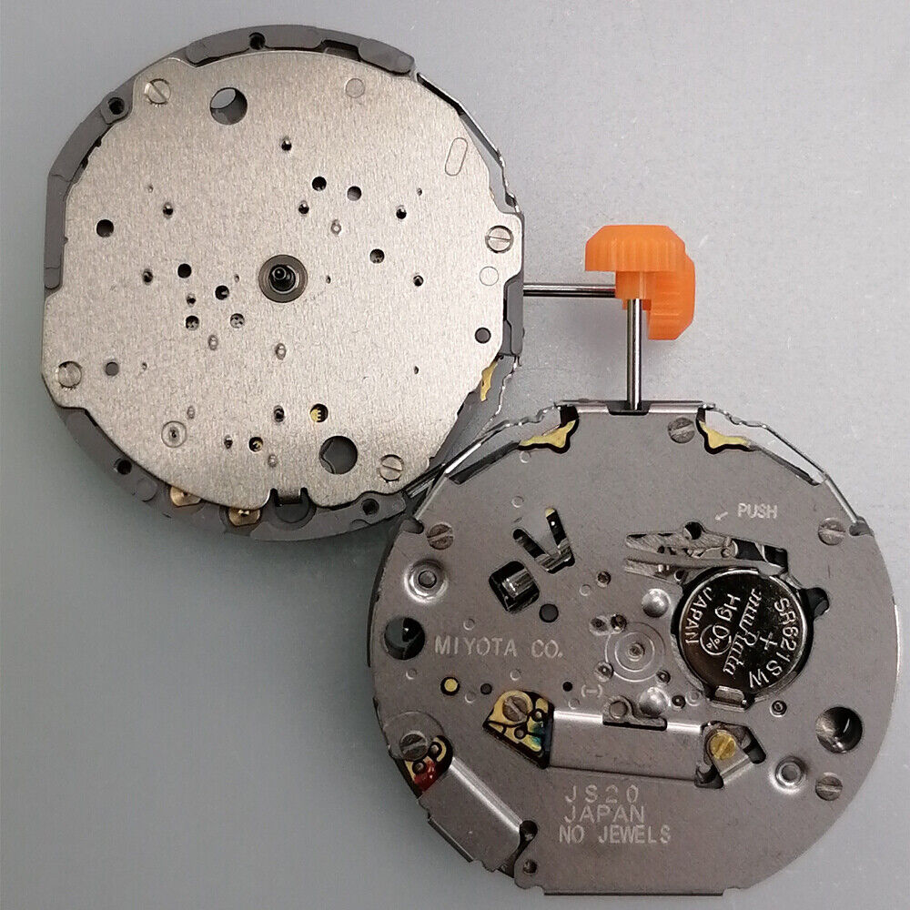 Miyota JS20 quartz watch movement with small seconds at 3, 6, and 9 o'clock positions, Japan made.