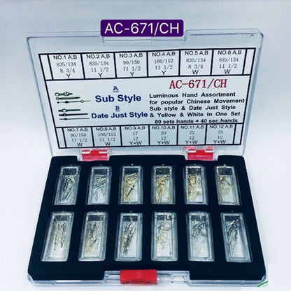 Luminous watch hands assortment for Chinese movement, Date Just style, enhancing precise time reading with quality design.