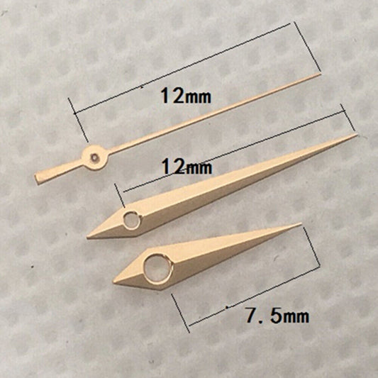 Aiguilles de montre à pointe de flèche dorée rose de 12 mm pour mouvement à quartz Miyota 7T35