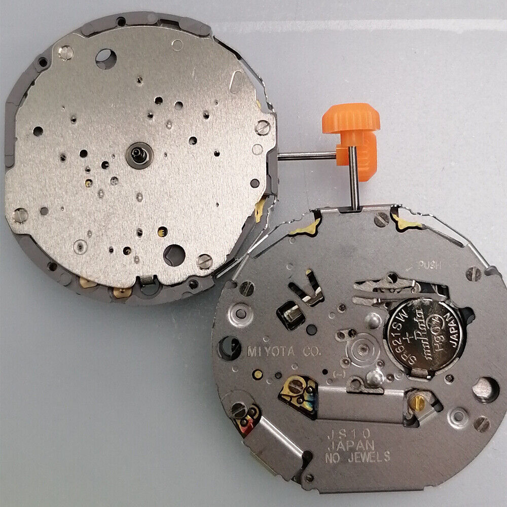 Miyota JS10 quartz watch movement showing small seconds at 6, 9, and 12 o'clock positions, Japan made.