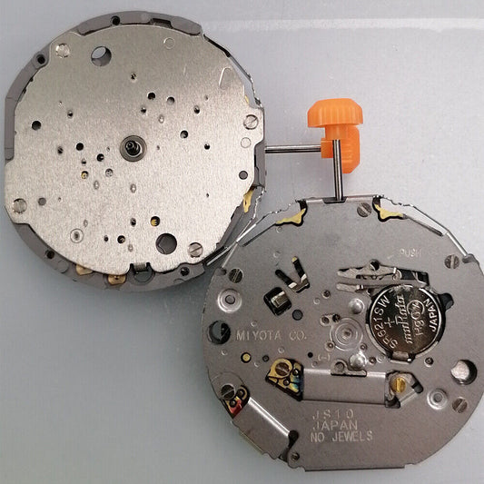 Miyota JS10 quartz watch movement showing small seconds at 6, 9, and 12 o'clock positions, Japan made.