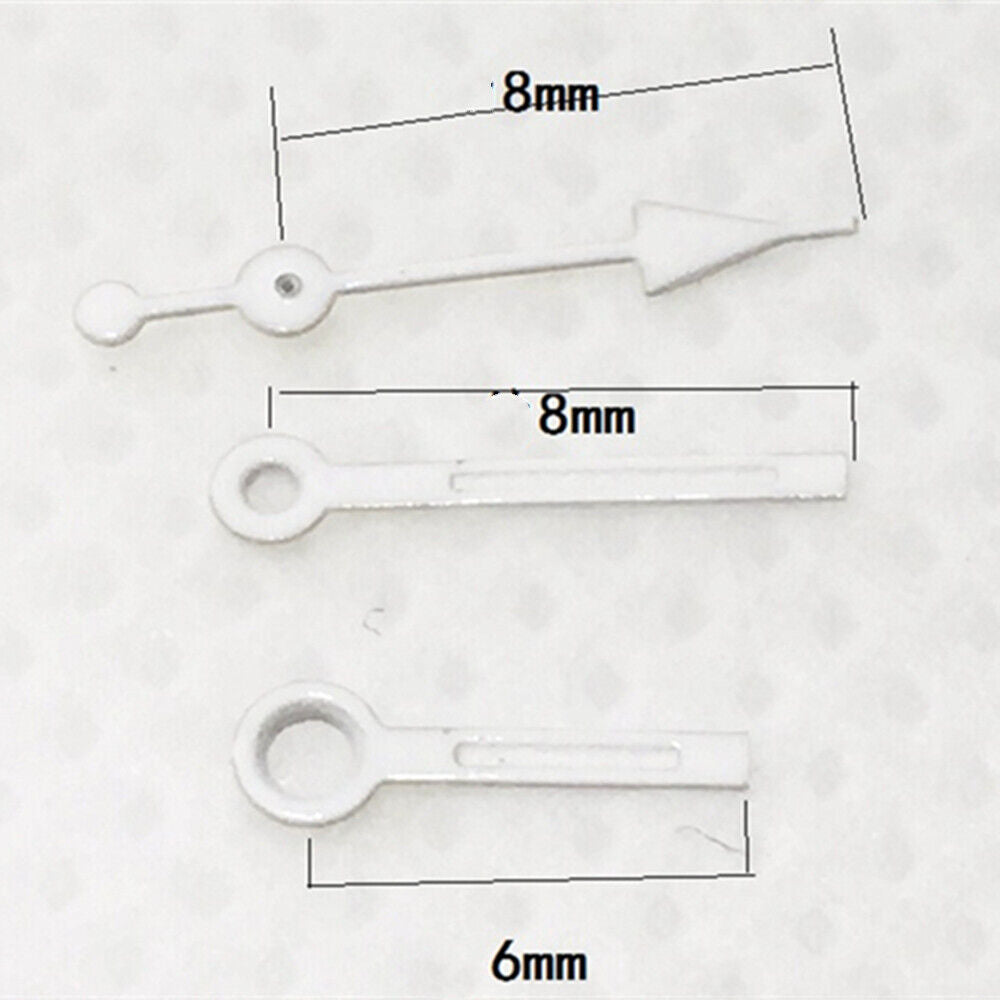 8mm white-trimmed green lume watch hands for Miyota 7T35 quartz movement, precise timing upgrade.