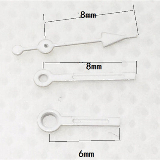 8mm white-trimmed green lume watch hands for Miyota 7T35 quartz movement, precise timing upgrade.