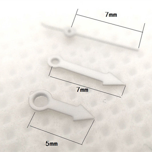 7mm silver arrow point watch hands with trim for Miyota 7T35 quartz movement, precision design.
