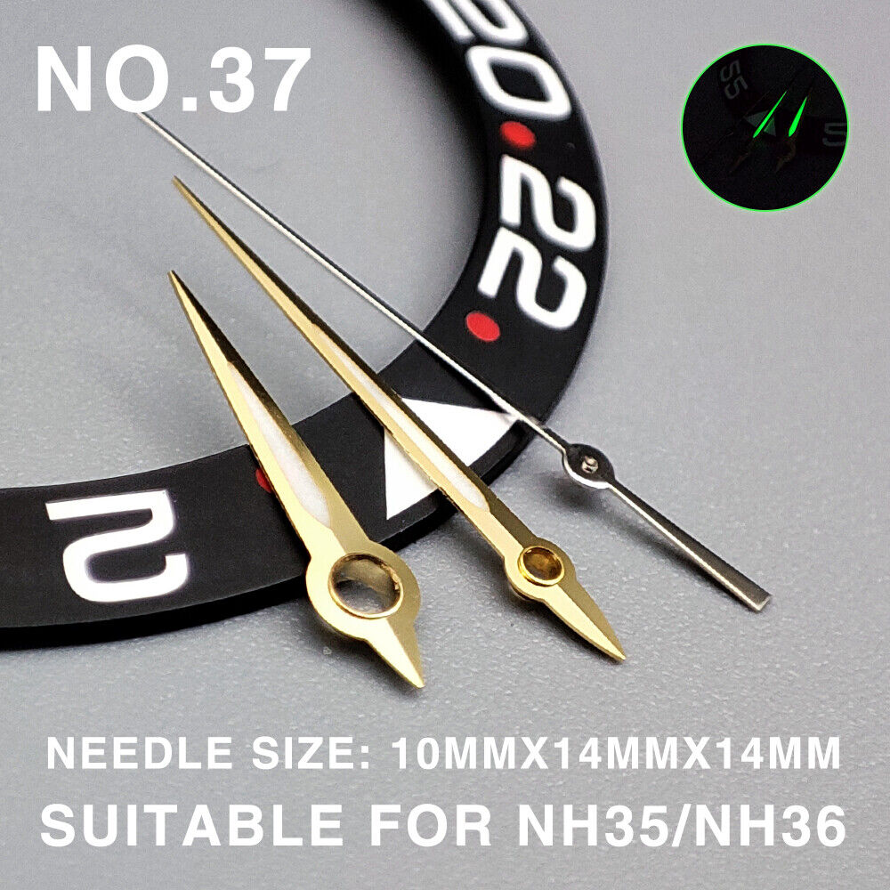 Green lume golden trim 14mm watch hands, compatible with Miyota NH35/NH36/NH38 movements, luminous and precise.