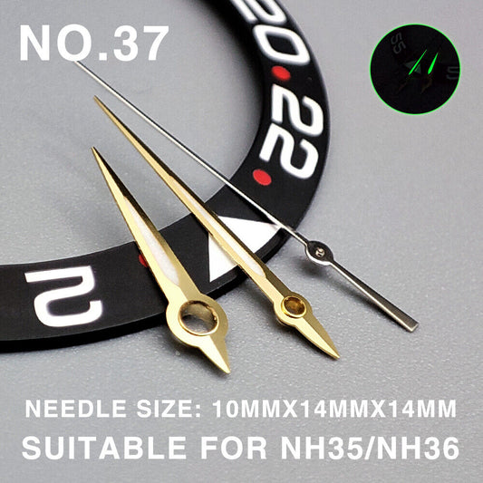 Green lume golden trim 14mm watch hands, compatible with Miyota NH35/NH36/NH38 movements, luminous and precise.