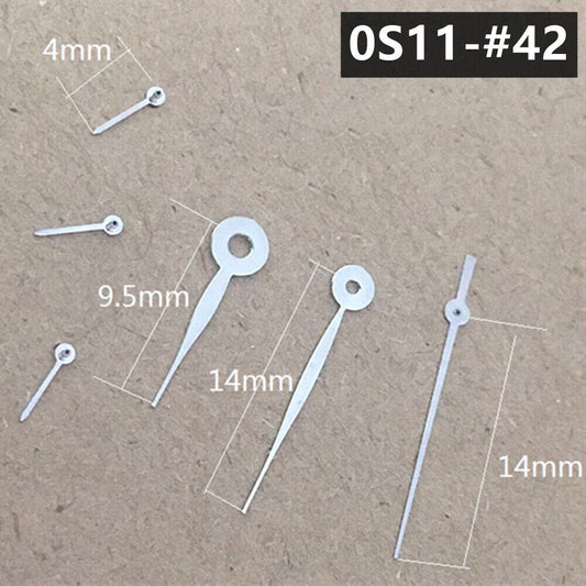 14mm long silver arrow-shaped watch hands without lume, compatible with Miyota 0S11 movement.