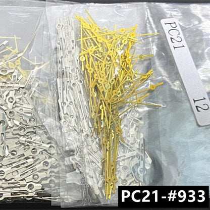 Set of 12mm yellow and silver watch hands for Epson PC21 quartz movements, precise and durable.