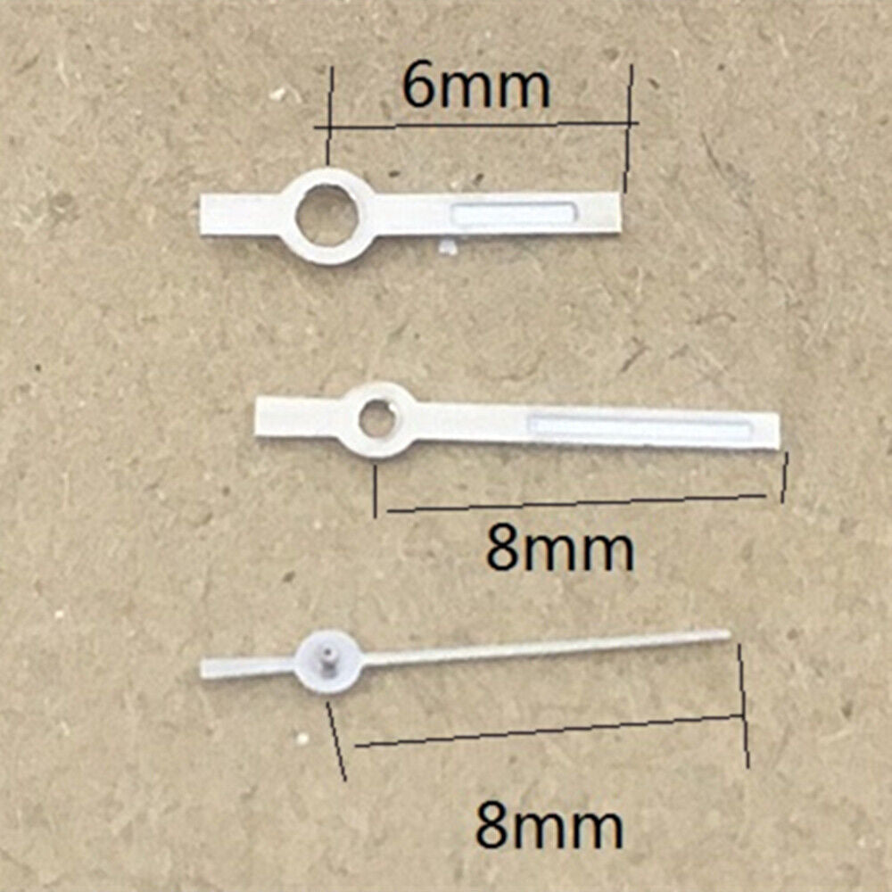 8mm silver-trimmed green luminous watch hands compatible with Miyota 7T35 quartz movement for precise timekeeping.