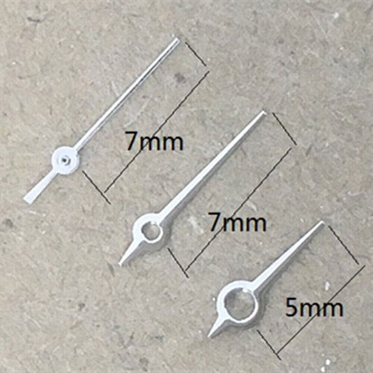 Polished 7mm silver watch hands by Epson TMI, no lume, designed for VJ12 quartz movement precision timekeeping.