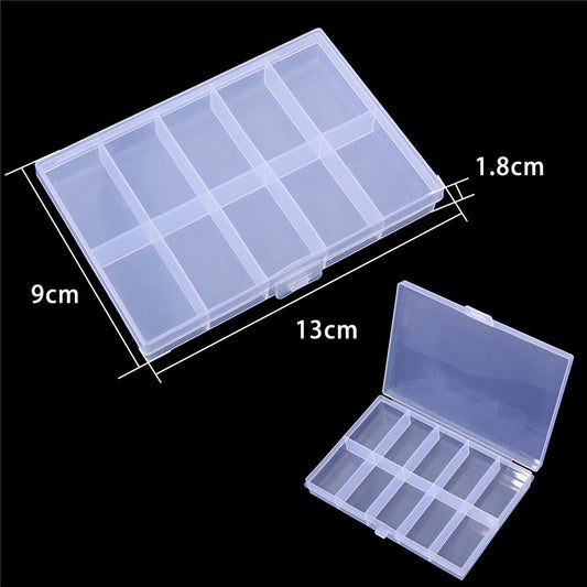 Set of 5 transparent plastic storage cases with 10-grid compartments for organizing small items efficiently.