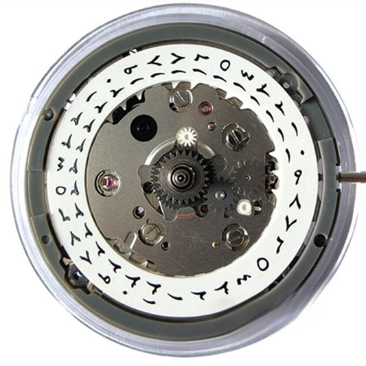 NH34 automatic GMT watch movement with white dial, Arabic numerals, date, and hacking seconds feature.