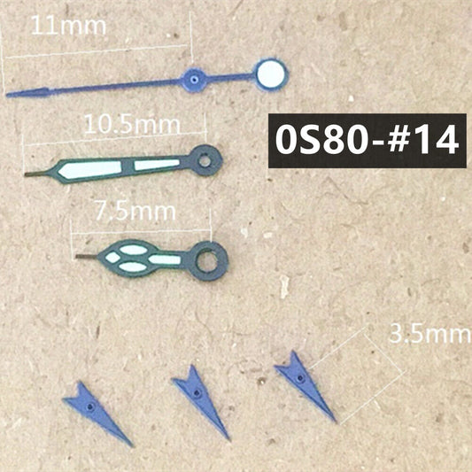 Aiguilles de montre lumineuses vertes à bordure bleue de 11 mm pour mouvement Miyota 0S80