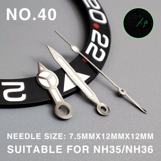 Green luminous 12mm watch hands with silver trim for Miyota NH35/NH36/NH38 movement.