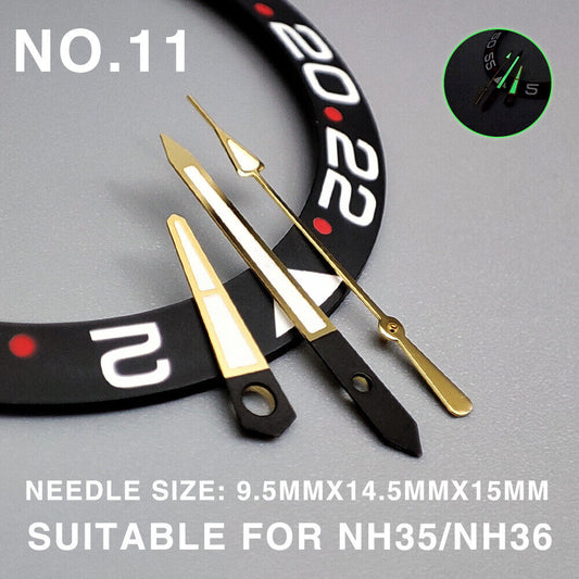 Green luminous golden trim watch hands for Miyota NH35/NH36/NH38 movement, 15mm length, precise fit.