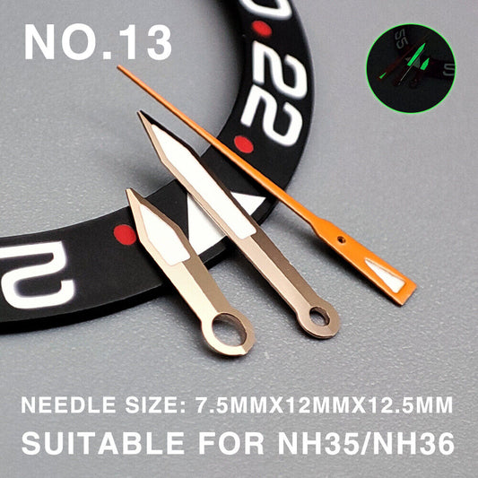 Green luminous rose gold trimmed 12.5mm watch hands for Miyota NH35/NH36/NH38 models.