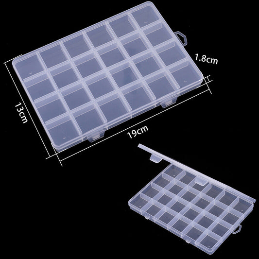 Set of 5 transparent plastic storage cases with 24 compartments for organizing small items efficiently.