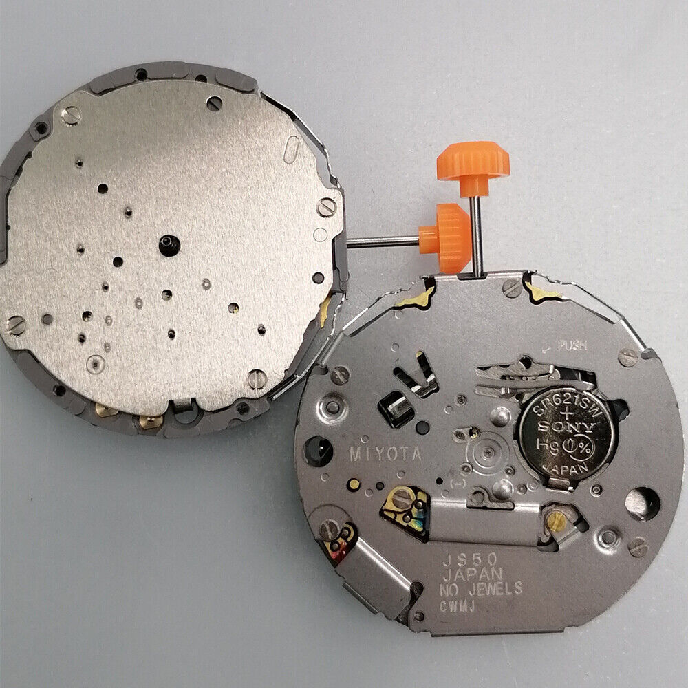 Miyota JS50 Japan Quartz watch movement with small second hand at 4, 6, and 7 o'clock positions.