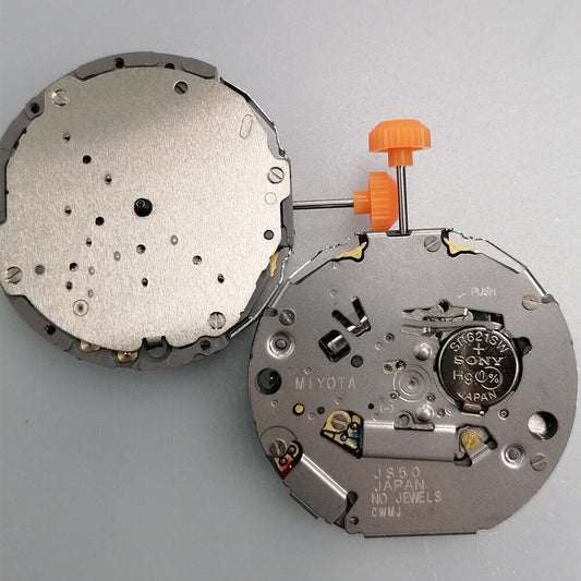 Miyota JS50 Japan Quartz watch movement with small second hand at 4, 6, and 7 o'clock positions.