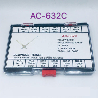 Set of 36 luminous hour and minute watch hands, perfect for quartz movement repairs and watchmakers.