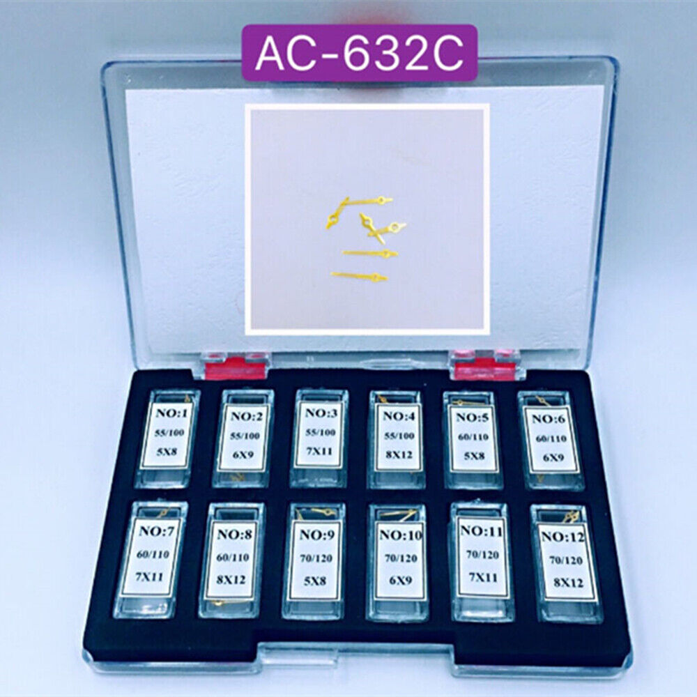 Set of 36 luminous watch hands for quartz repairs, ideal for watchmakers and precision timepieces.