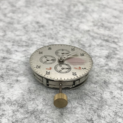Close-up of Asian 7750 Automatic chronograph showing ETA 7753 layout with subdials at 3, 6, and 9 o?clock for precision timing.