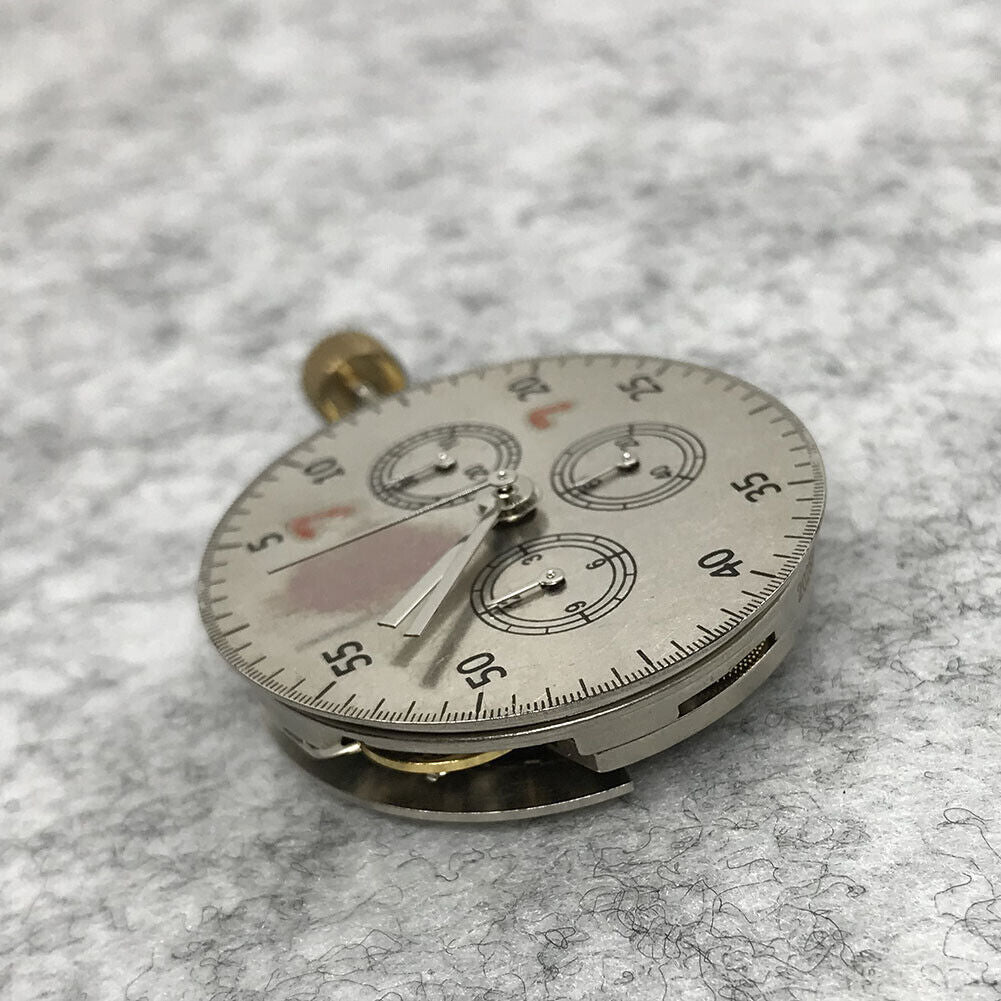 Close-up of Asian 7750 Automatic chronograph movement with ETA 7753 layout, featuring subdials at 3, 6, and 9 o?clock.
