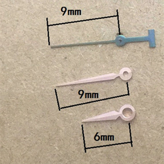Rose gold 9mm watch hands with no lume for Epson TMI VJ22 quartz movement, elegant and precise.