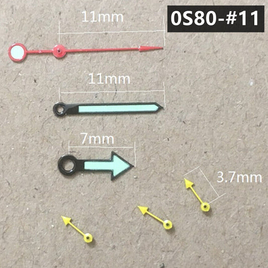 Aiguilles de montre lumineuses vertes en forme de flèche de 11 mm, garniture noire, pour mouvement Miyota 0S80