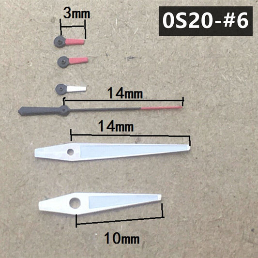 Pointed tip green luminous watch hands with silver trim, 14mm size compatible with Miyota 0S20 movement, brand-quality.
