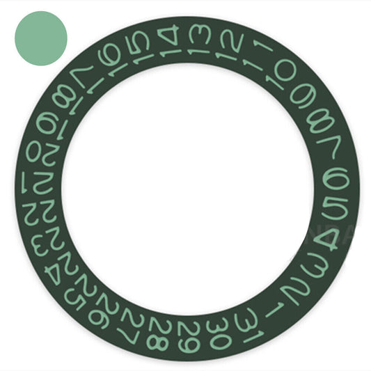 Dark hunter green date wheel with mint green font for Miyota NH35 NH36 watches, enhancing dial visibility.