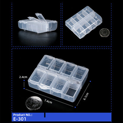 Clear 8-grid storage case for organizing small watch accessories, 5pcs set with hinged lid for secure closure.