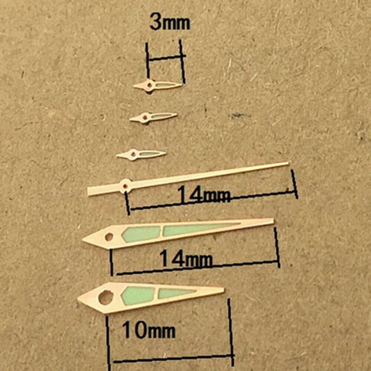 Green luminous watch hands with rose gold trim, 14mm size for ISA 9232 quartz movement.