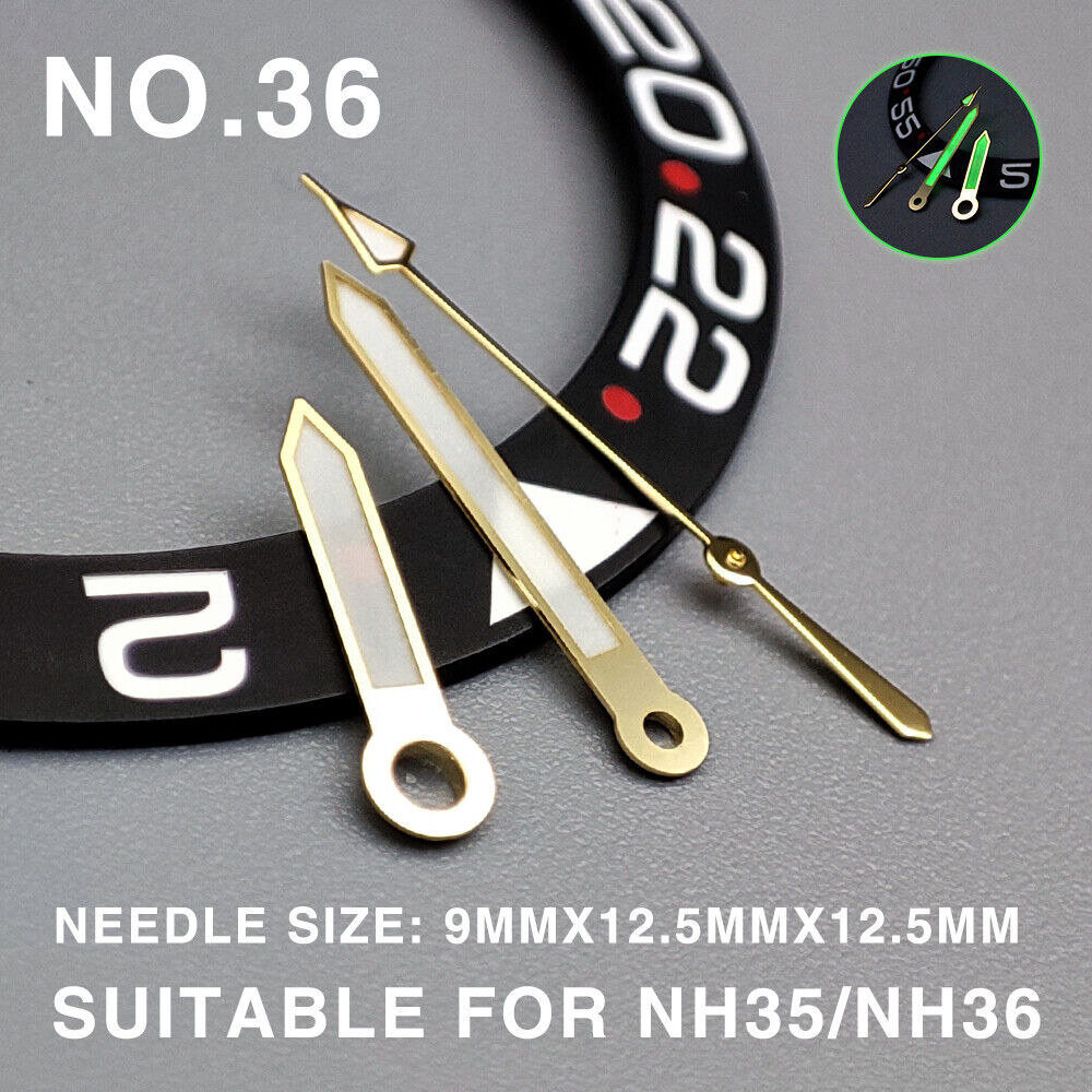 Golden-trimmed green lume second hand with red tip, 12.5mm for Miyota NH35/NH36 watch movements.