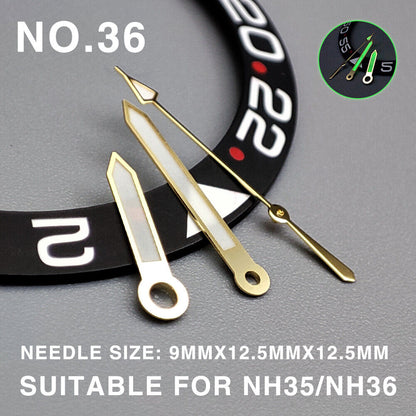 Golden-trimmed green lume second hand with red tip, 12.5mm for Miyota NH35/NH36 watch movements.