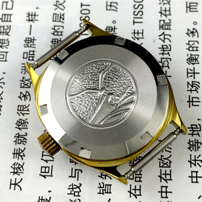 Golden dial Seagull ladies watch with nail hour markers, manual mechanical movement, elegant Tianjin brand design.