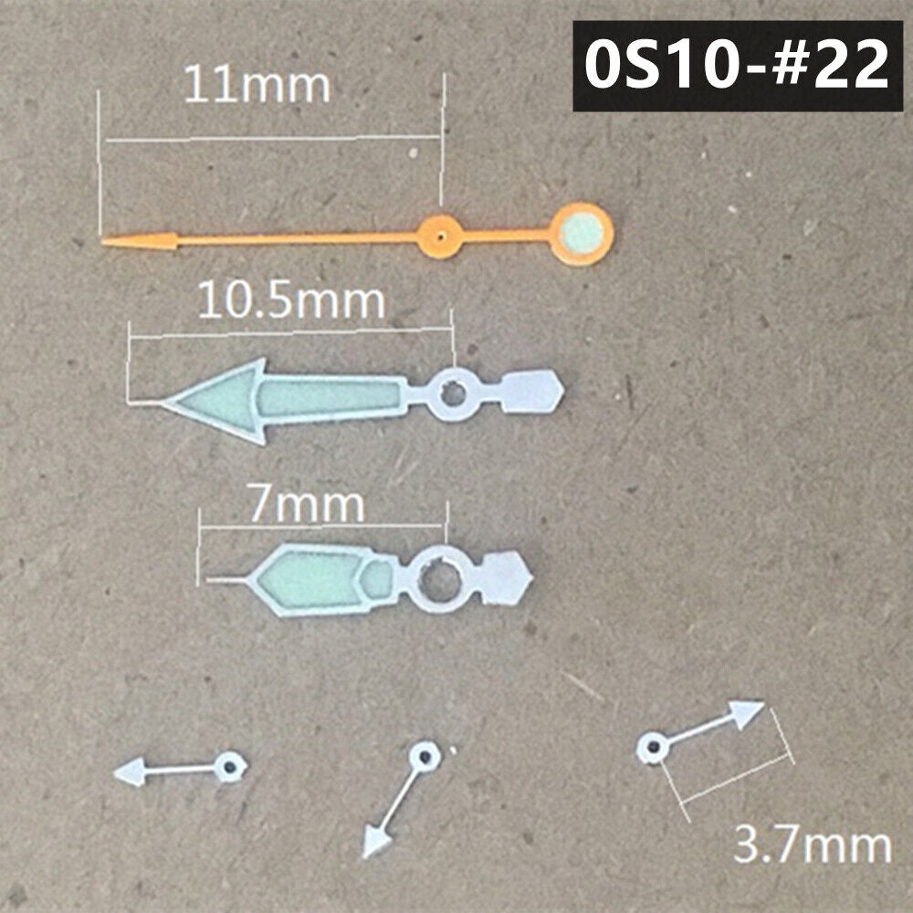 Orange Second watch hand with 11mm length, silver trim, green lume for Miyota 0S10