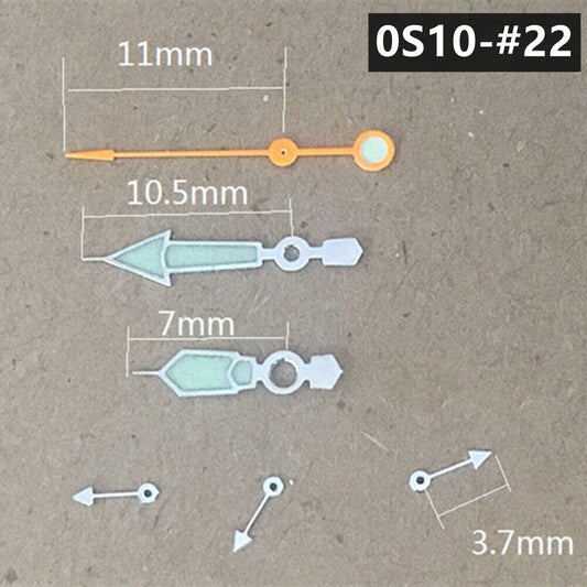 Orange Second watch hand with 11mm length, silver trim, green lume for Miyota 0S10