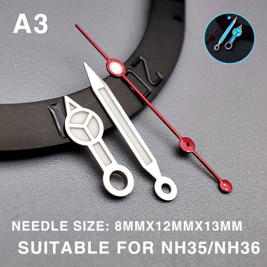 Blue luminous watch hands with silver trim, 13.5mm, compatible with Miyota NH35/NH36/NH38 movements, ideal for night visibility.